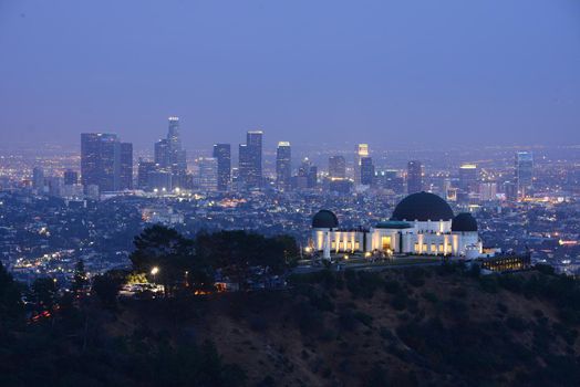 griffith observatory with Los angeles downtown at dusk