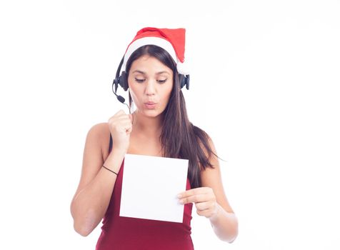 Christmas phone operator woman showing blank signboard