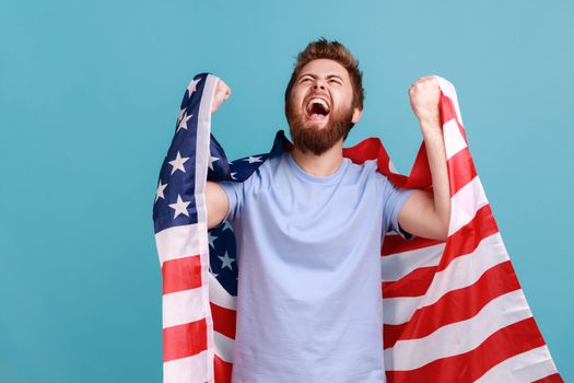 Portrait of positive overjoyed bearded man holing huge american flag and rejoicing while celebrating national holiday, looking up and yelling. Indoor studio shot isolated on blue background.