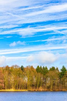 Natural beautiful panorama view with lake river walking pathway and green plants trees in the forest of Speckenbütteler Park in Lehe Bremerhaven Germany.