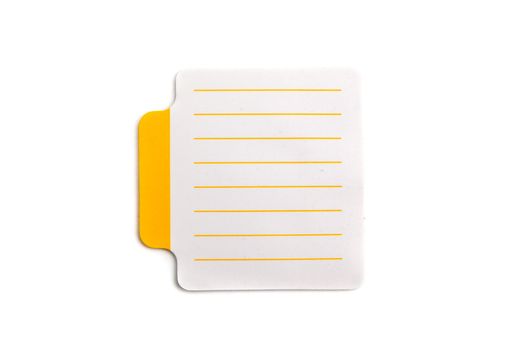 Blank small lined sticky notes with yellow tab on the left side of paper sheet, isolated on white background, closeup view