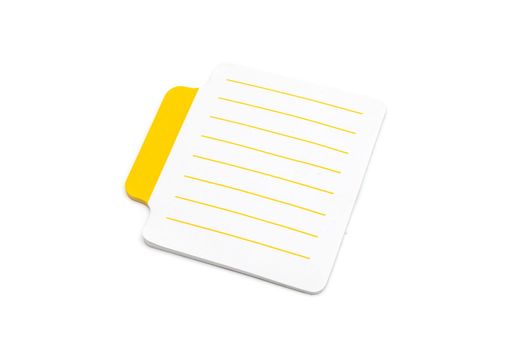 Blank small lined sticky notes with yellow tab on the left side of paper sheet, isolated on white background, closeup view