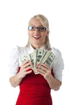 Happy blond business woman in red with dollars isolated