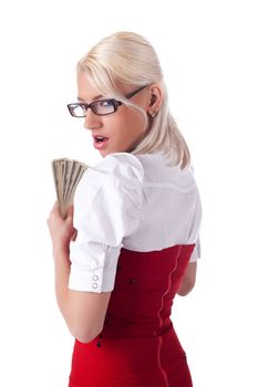 sexy blond business woman hide dollars isolated