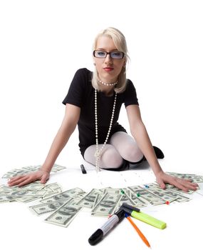 Happy blond business woman prowd of dollars isolated