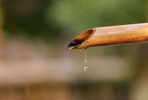 Closeup water drops falling from traditional bamboo pipe. High quality photo