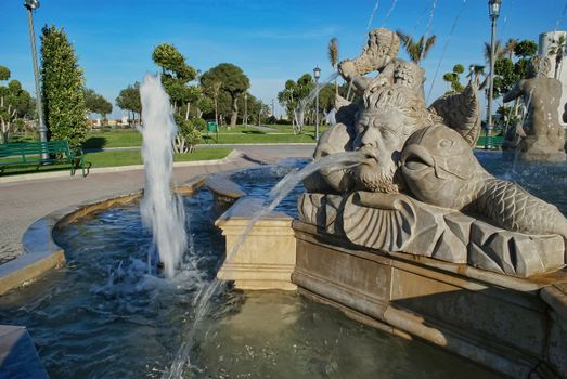 malaga,spain,july 16, 2022 fountain in the park of the battery torremolinos ,malaga long exposure