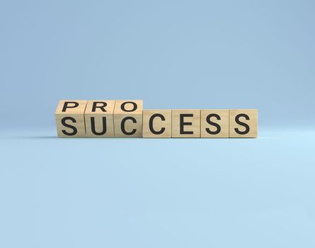 Process for success concept. Wooden cube block flip over word process to success on blue studio background. business concept.