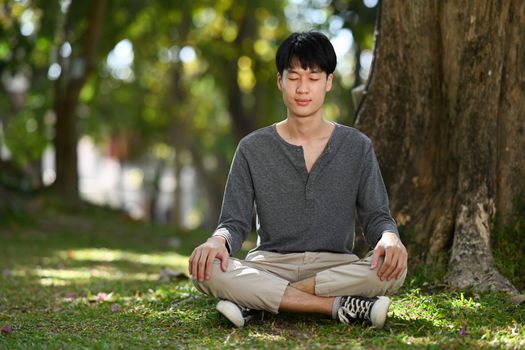 Pleasant asian man sitting in lotus pose sitting on green grass. Meditation and mental health concept.