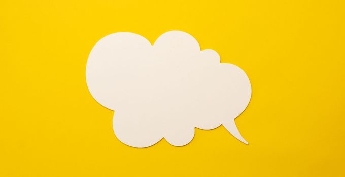 Thought white bubble isolated on yellow background with copyspace. Concept of idea, positive way of thinking and challenges. Brainstorm and process of creativity