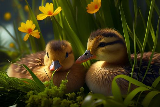 Two cute ducklings in the grass and flowers in 6k