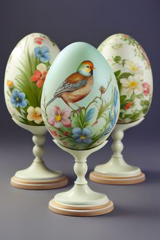 Three Easter eggs with a pattern of flowers and birds in 4k