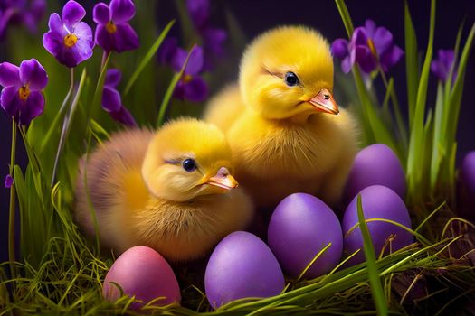 Two cute yellow chickens in the grass with flowers with colorful easter eggs in 6k