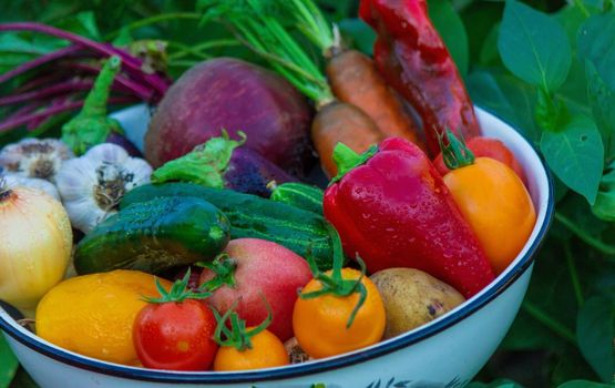 Child and vegetables. Selective focus feram
