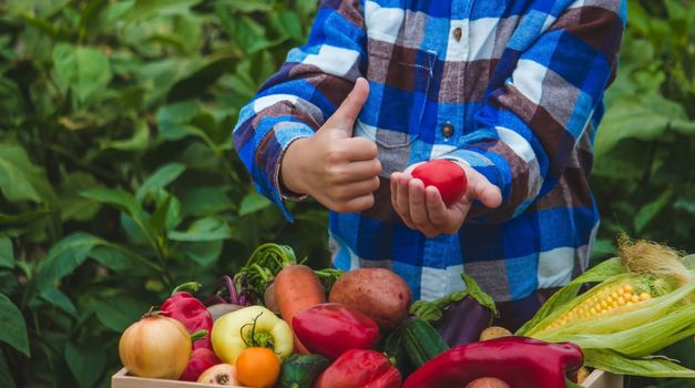 Child and vegetables. Selective focus feram