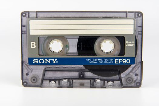 Sosnovy Bor, RUSSIA - November 27, 2022: Audio cassette. vintage SONY tape recorder isolated on a white background. Isolate. 80s, 90s.