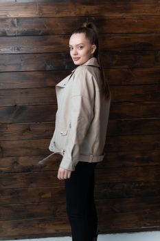 woman beige jacket beauty style fashion young model portrait leather female stylish