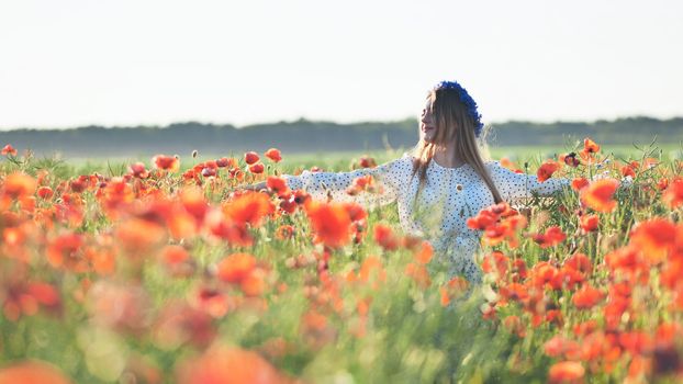 Ukrainian girl walking through a red poppy field