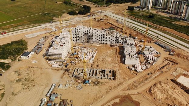 Construction of apartment buildings in Belarus. Drone view