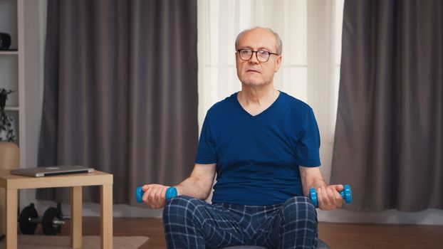 Senior man doing strength biceps training with dumbbells. Old person pensioner healthy training healthcare sport at home, exercising fitness activity at elderly age