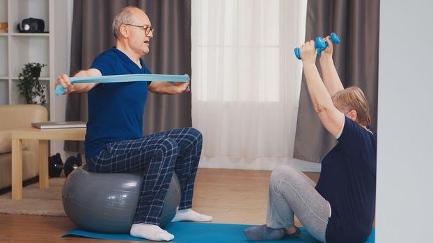 Energetic senior couple training in home using dumbbells and stability ball. Old person healthy lifestyle exercise at home, workout and training, sport activity at home