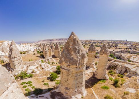 Unique geological formations in Love Valley in Cappadocia, popular travel destination in Turkey.