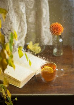 Cup hot tea with lemon on the windowsill Woolen plaid. Autumn still life. It's raining outside. Copy space.