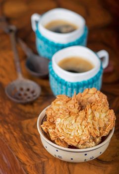 Christmas homemade chocolate chip cookies, cup of coffee on a wooden background.