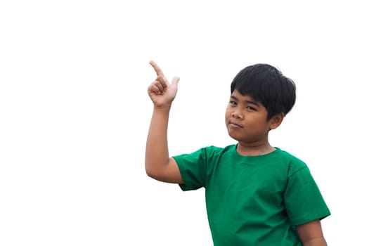 The boy smiled and pointed his hand to his side. on a white background