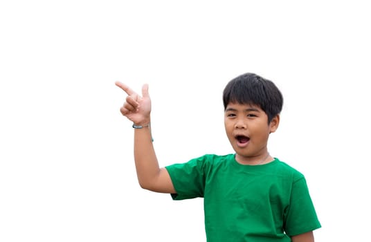 The boy smiled and pointed his hand to his side. on a white background
