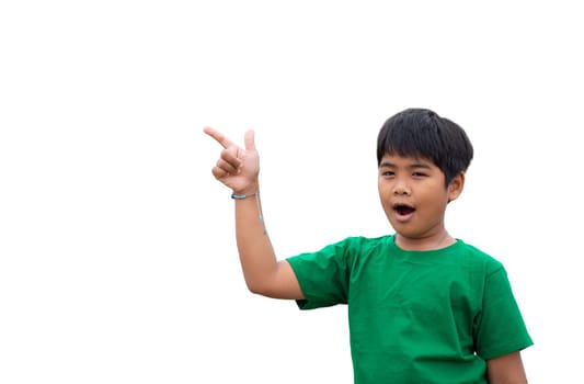 The boy smiled and pointed his hand to his side. on a white background