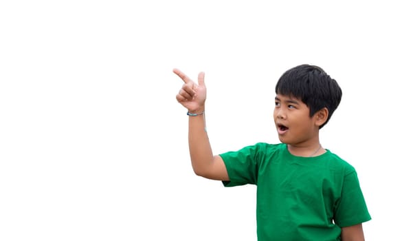 The boy smiled and pointed his hand to his side. on a white background