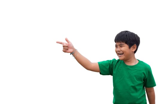 The boy smiled and pointed his hand to his side. on a white background