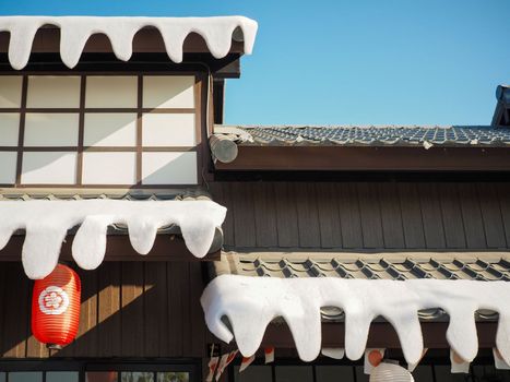 Japanese lantern hung in front of Japanese Restaurant, Japanese text on lantern is "Sushi" Japanese food.