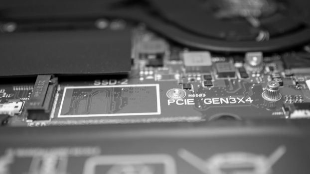 Circuit board with resistors microchips and electronic components. Computer hardware technology. Integrated communication processor. Information engineering. PCB.