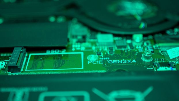 Circuit board with resistors microchips and electronic components. Computer hardware technology. Integrated communication processor. Information engineering. PCB.