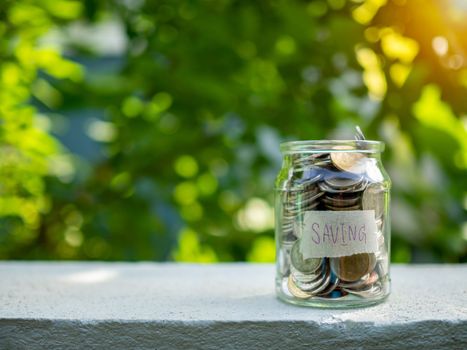 Coins in glass bottles on nature background. The concept of savings and investment.