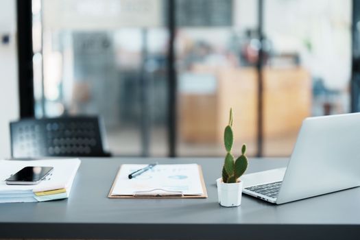 Business work concept, important documents, computer, smartphone mobile on desk