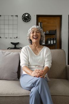 Portrait happy healthy elderly woman sitting on comfortable couch at home