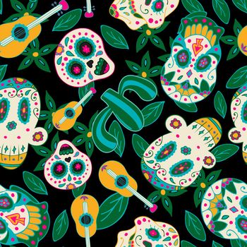 Colorful Seamless Pattern with Traditional Mexican Hand Drawn Skull. Dia De Muertos Holiday Symbol.