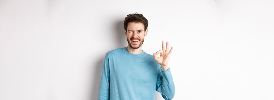Handsome modern guy feeling confident, showing OK sign and winking at you, assure everything okay, standing over white background.