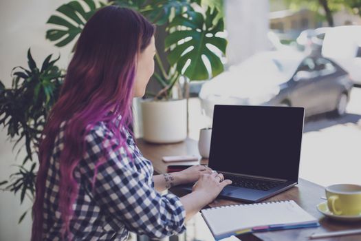 Back view of a young pink hair woman keyboarding on laptop computer with blank copy space screen while sitting in cafe, intelligent female student working on net-book after her lectures in University