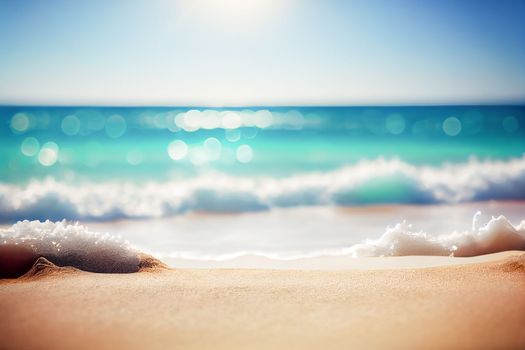 Seascape abstract beach background image. blur bokeh light of calm sea and sky. Focus on sand foreground