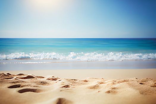 Seascape abstract beach background image. blur bokeh light of calm sea and sky. Focus on sand foreground