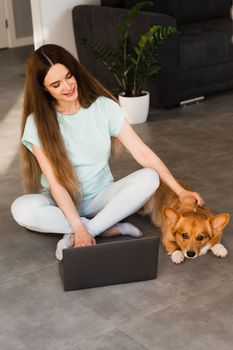 Lifestyle girl and Corgi dog. Girl with laptop petting her Welsh Corgi Pembroke dog at home. Busy young woman have a break and relax with her dog. Lifestyle with domestic pet