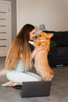 Girl with laptop hug and kiss Welsh Corgi Pembroke dog at home. Young woman have a break and relax with her dog. Lifestyle with domestic pet