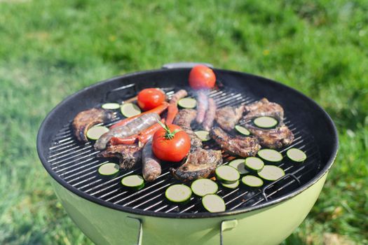 Meat on skewers with the vegetables on the barbecue grill
