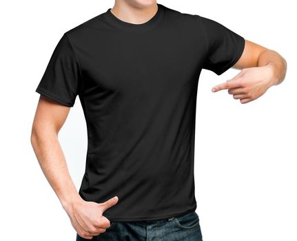 black t-shirt on a young man isolated. Ready for your design