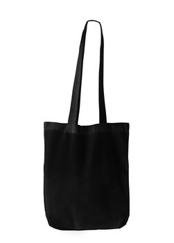 Mock up of eco shopping black bag on white canvas. Cloth handbag for your design. Recycled shopper with space for business message