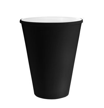 Black plastic paper take away coffee cup mockup. Isolated on the white background. Front view and space for your design